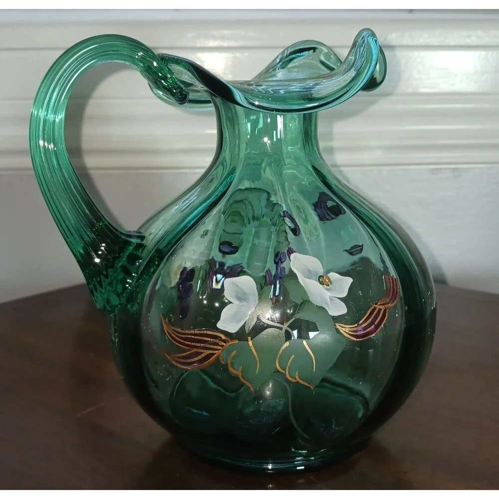 Fenton Seafoam Green Pitcher Floral Art Glass 7